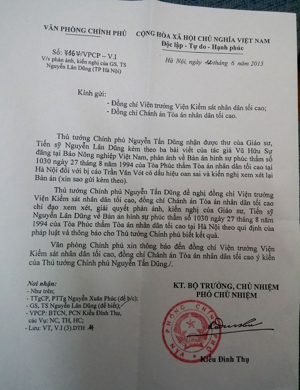 Thủ tướng chỉ đạo làm rõ vụ án Trần Văn Vót.