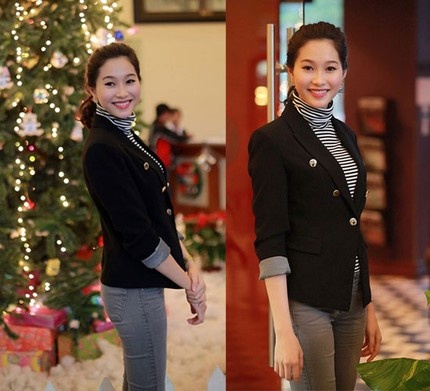 Tới Hà Nội trong dịp thời tiết trở rét, hoa hậu Thu Thảo diện đồ ấm áp khá tẻ nhạt khiến người đẹp trông già hơn. 