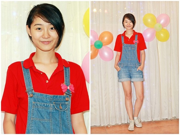 Trà My Next Top Model  trút bỏ phấn son trang điểm và trang phục sành điệu để đơn giản hơn khi tới dự buổi thôi nôi con nuôi của nam diễn viên Phùng Ngọc Huy. Trông chân dài như một thiếu niên tuổi teen đời thường.