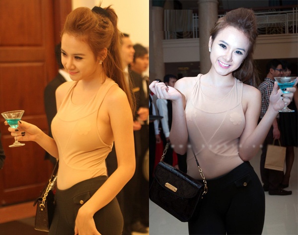 Còn nhớ hình ảnh đình đám khi mới chuyển sang phong cách sexy của Angela Phương Trinh, tại buổi ra mắt album của ca sĩ Quang Hà, “bà mẹ nhí” diện áo màu nude ôm sát làm lộ rõ miếng dán ngực. 
