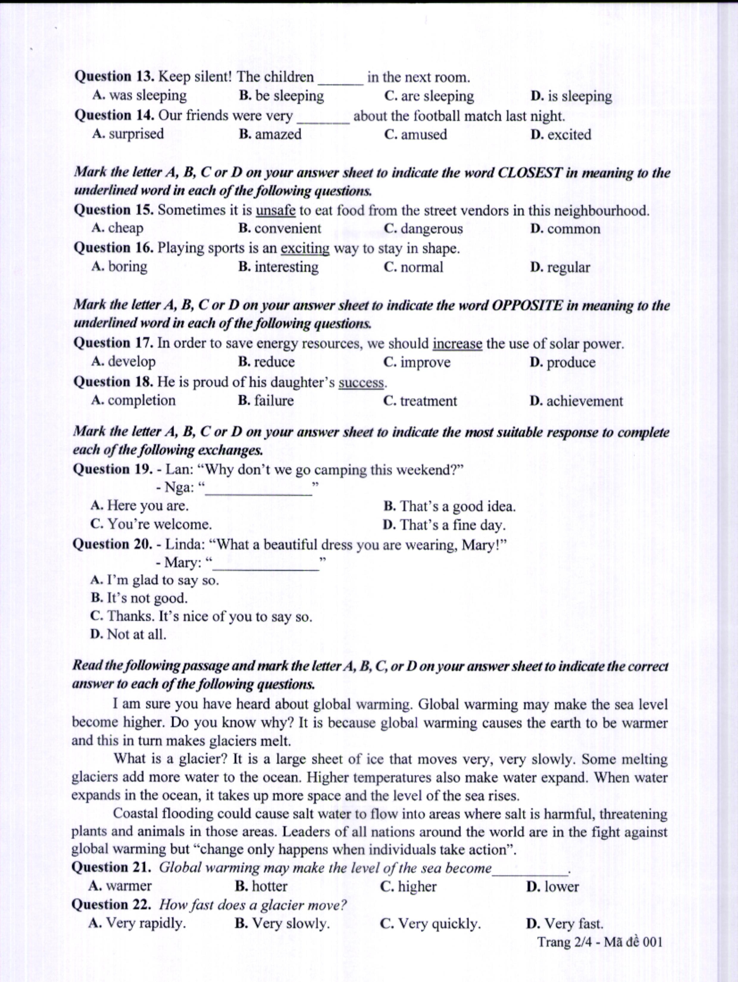 Dap an chinh thuc ky thi tuyen sinh lop 10 anh 8