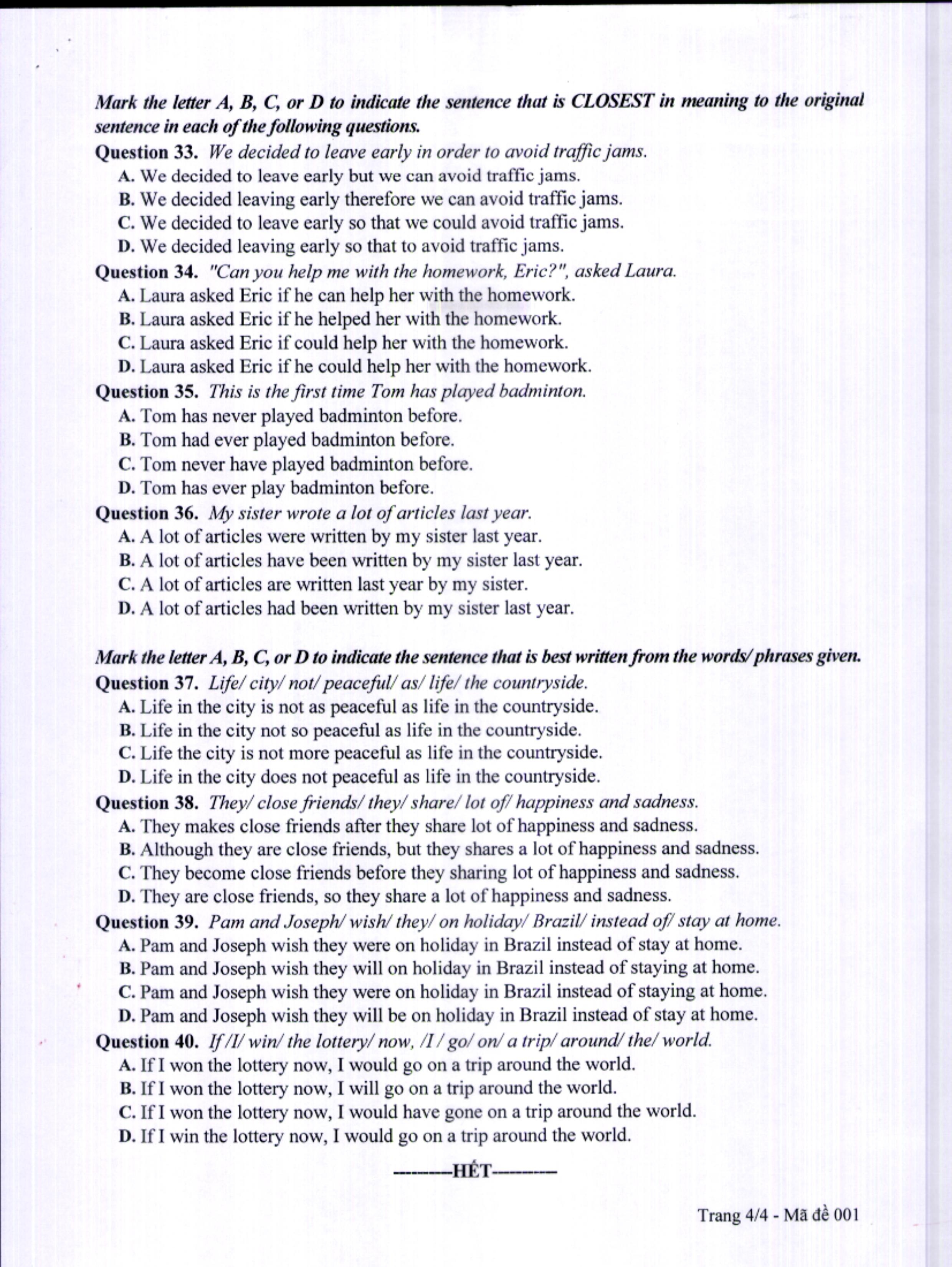 Dap an chinh thuc ky thi tuyen sinh lop 10 anh 10