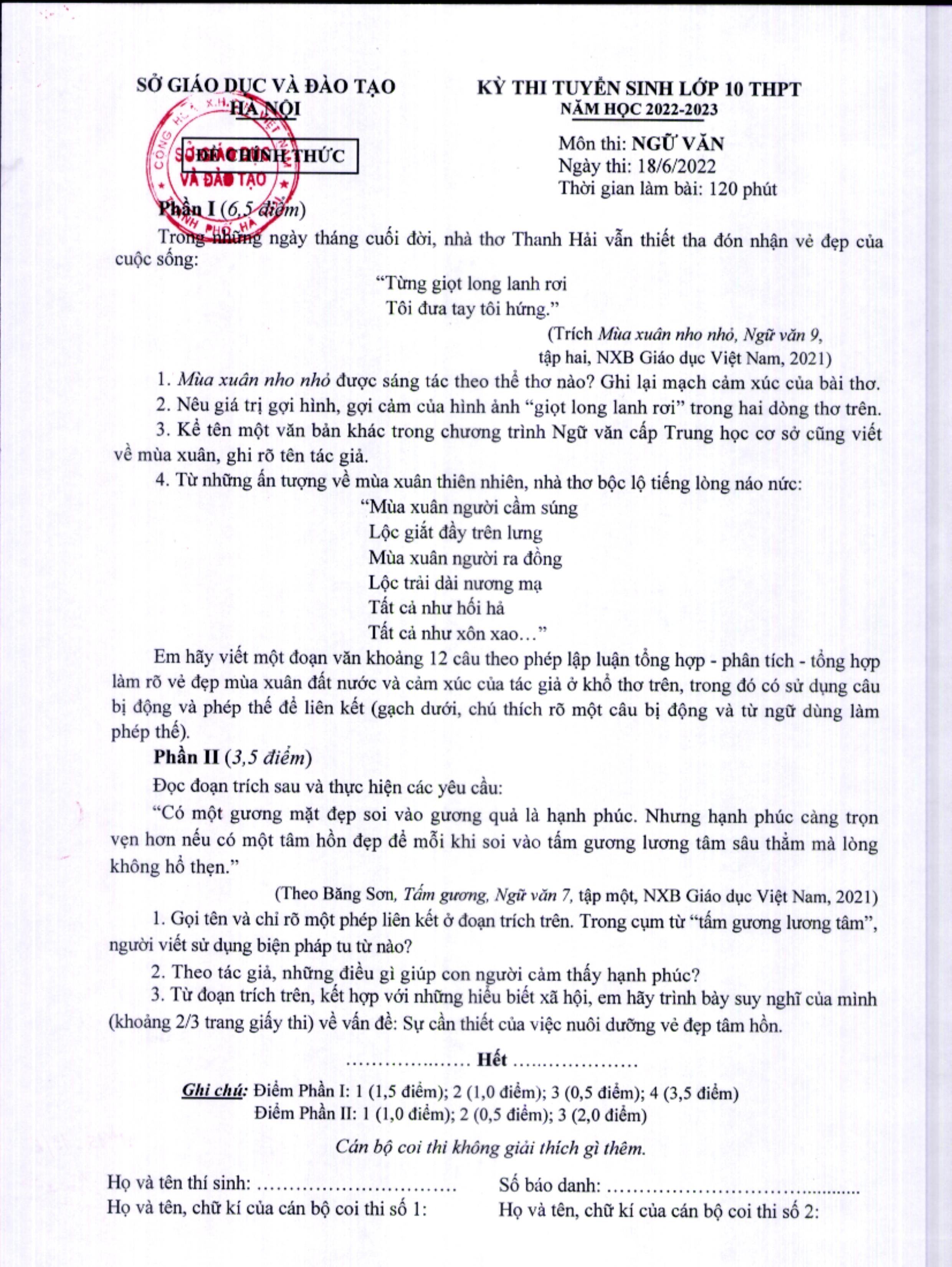 Dap an chinh thuc ky thi tuyen sinh lop 10 anh 1