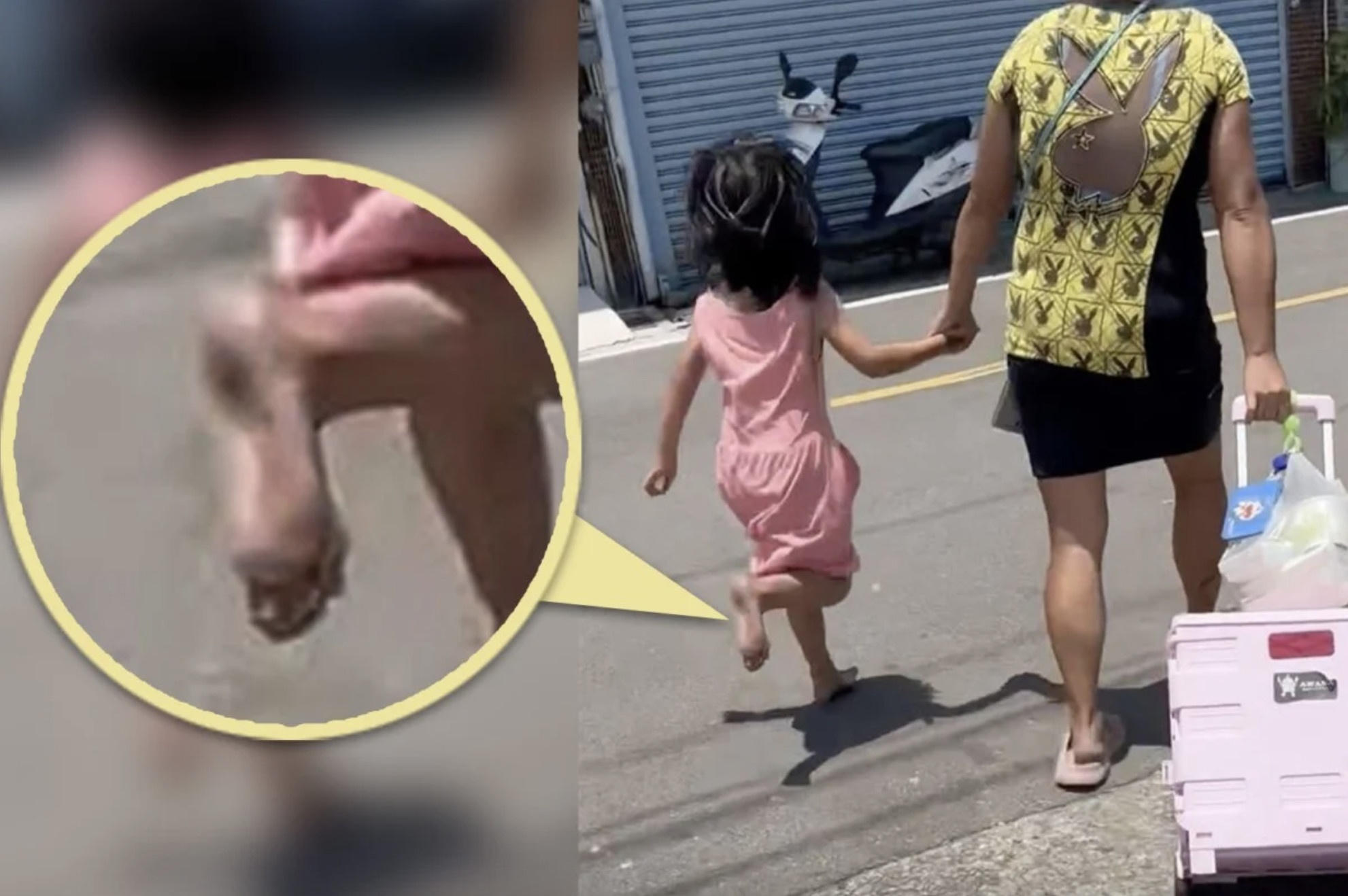 Nguoi me phat con gai di chan dat tren duong nhua nong 54 do C hinh anh