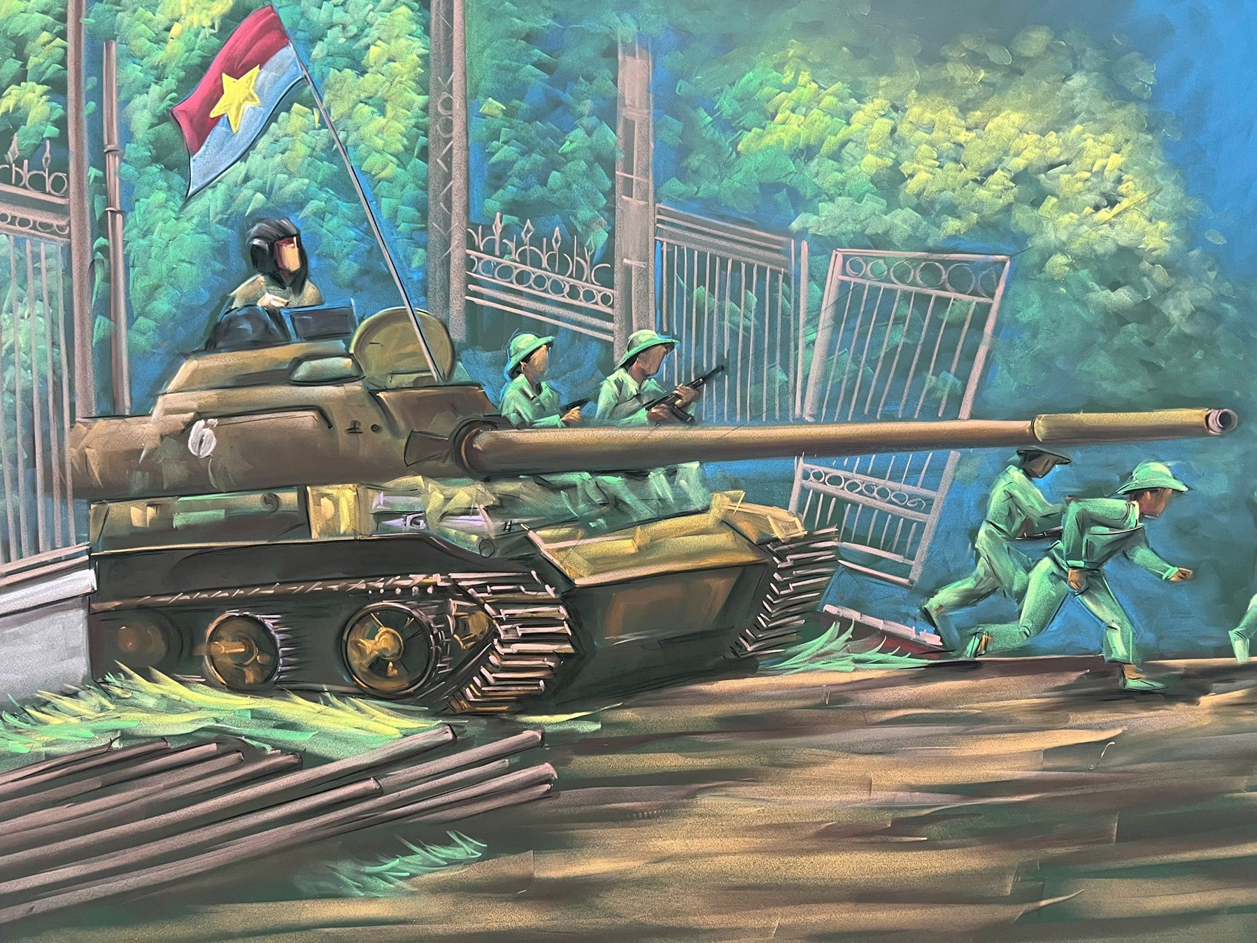 Thay giao tai hien canh xe tang huc do cong Dinh Doc Lap nhu tranh 3D hinh anh