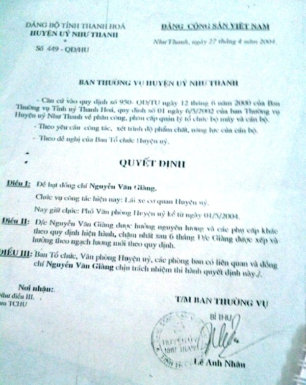 Quyết định bổ nhiệm ông Giàng làm Phó Chánh VP huyện hủy Như Thanh.