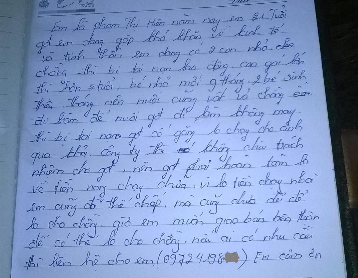 Lá thư do chính tay chị Hiên viết mong được bán thận để lo cho chồng con.
