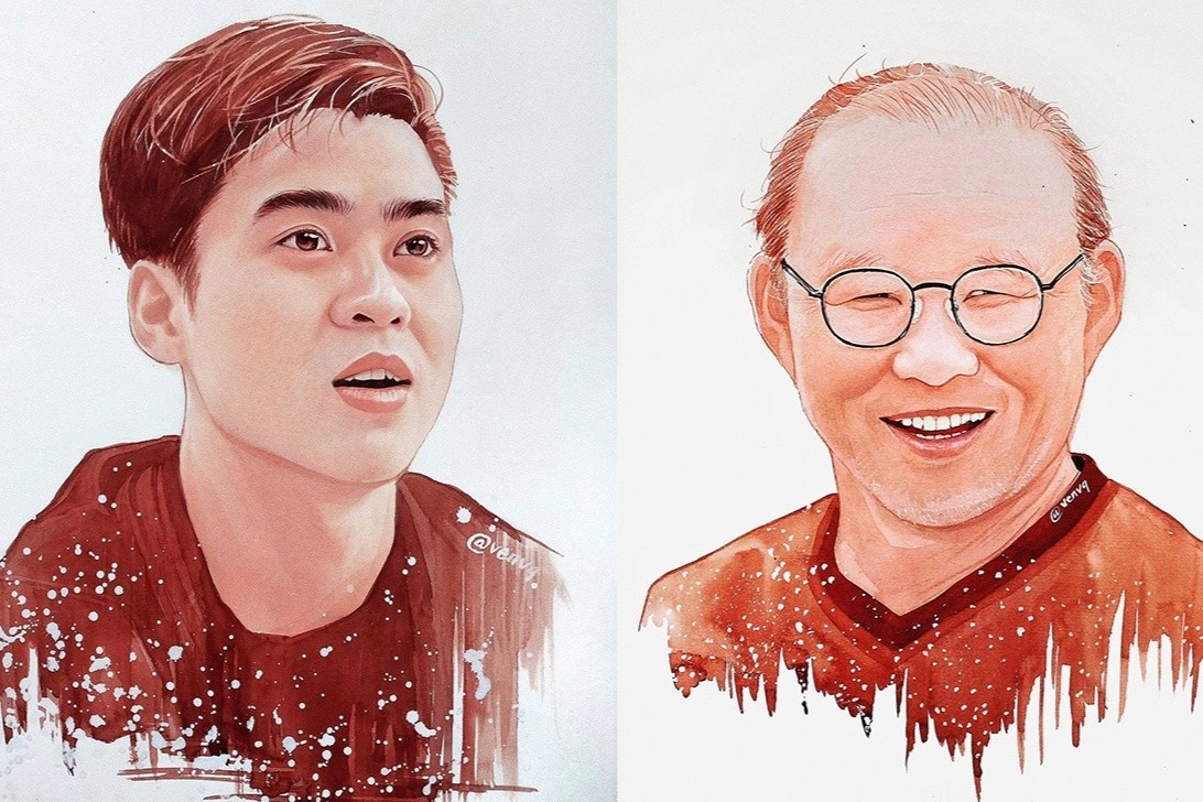 Chan dung HLV Park va cac hoc tro qua bo tranh ve bang ca phe hinh anh