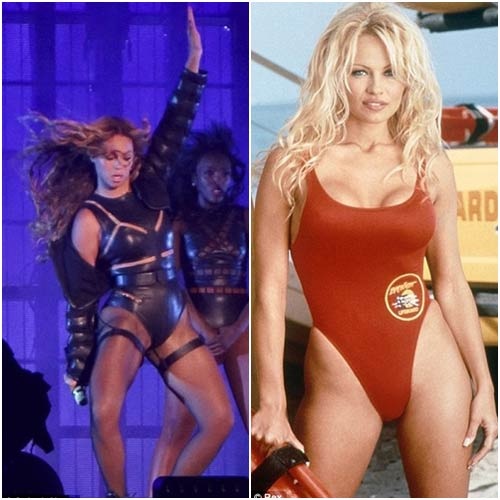 Nữ ca sĩ Beyonce cũng là người rất thích sử dụng áo tắm high cut làm trang phục biểu diễn (ảnh trái). Nữ diễn viên Pamela Anderson là người đi đầu trào lưu áo tắm high cut vào những năm 90 (ảnh phải)