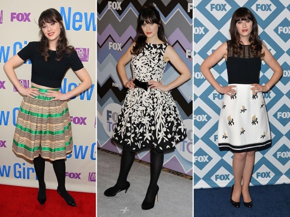 Nữ diễn viên mới nổi Zooey Deschanel chuộng style váy áo vintage họa tiết đơn giản.