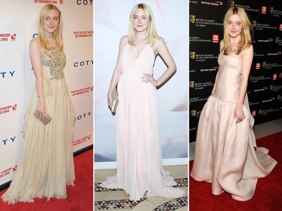 Dakota Fanning ưa các mẫu váy sáng màu, tôn lên làn da trắng sứ và mái tóc vàng nhạt như búp bê của mình.