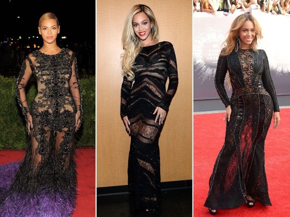 Beyonce trung thành với các mốt váy ren gần như xuyên thấu và cách pose hình khoe đôi chân quyến rũ.
