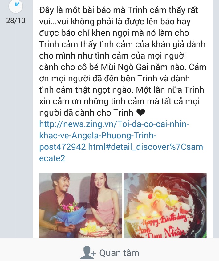 Thời gian gần đây, nữ diễn viên xinh đẹp phần nào đã lấy lại hình ảnh trong mắt người hâm mộ. Việc cô đến thăm Duy Nhân và dành tặng cho anh 100 triệu đồng để chữa bệnh đã khiến người hâm mộ có cái nhìn khác về Angela Phương Trinh.