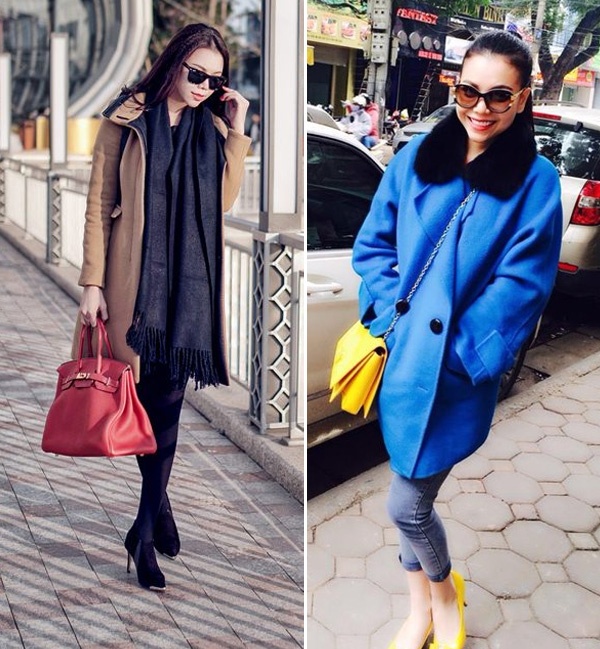 Phụ kiện hàng hiệu như giày, túi và kính mắt được Trà Ngọc Hằng phối cùng áo choàng dài sành điệu.