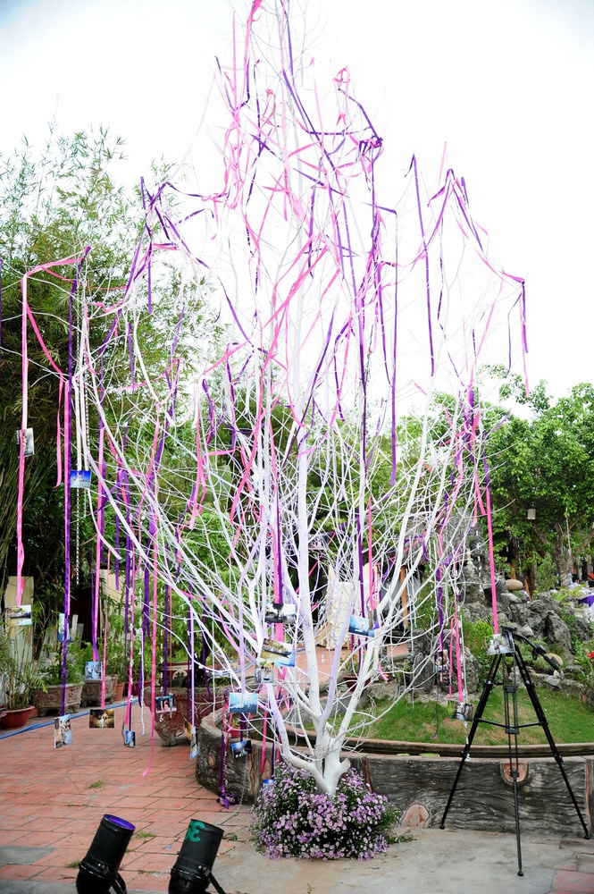 Với chủ đạo màu trắng và tím nên ngay từ khi cổng vào đến bên trong khuôn viên được trang trí khá nhiều hoa tươi màu trắng và tím. Ngay cả cổng hoa cũng được kết thành hoa tươi khá độc đáo nhận được nhiều lời khen ngợi của khách mời đến tham dự tiệc, toàn bộ ý tưởng cho tiệc cưới được Nhật Kim Anh lên ý tưởng và ông xã thực hiện.