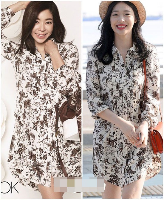 Áo váy họa tiết đều được Lee Hye Young và Sulli diện. Tuy nhiên, với độ tuổi 21, Sulli đẹp và xinh tươi hơn Lee Hye Young.