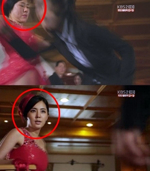 Trong một cảnh quay của bộ phim truyền hình Bridal Mask, gương mặt diễn viên  đóng thế cho diễn viên nữ hiện rõ mồn một.