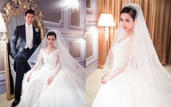 Váy cưới của Angela Baby do chính giám đốc sáng tạo của Dior là Raf Simons thiết kế.  Chiếc váy cưới dáng xòe dài tay này đã giúp người đẹp trông đầy đặn và quyến rũ hơn