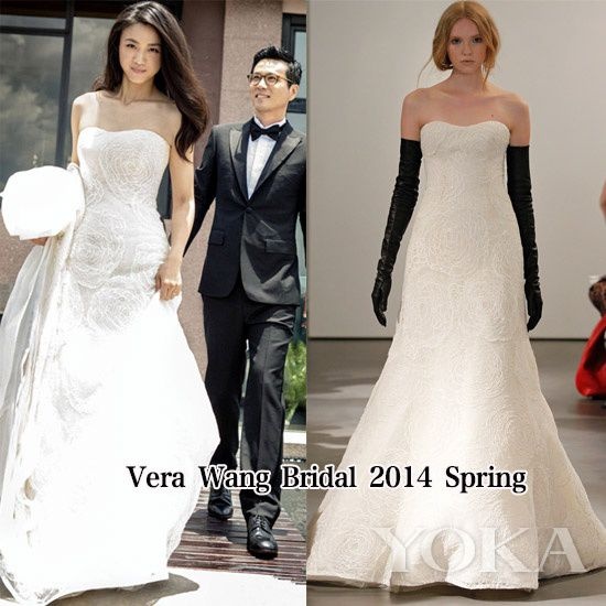 Chiếc váy cưới có thiết kế đơn giản nhưng không kém phần sang trọng của Vera Wang đã làm tôn lên vẻ đẹp thanh nhã của mỹ nhân
