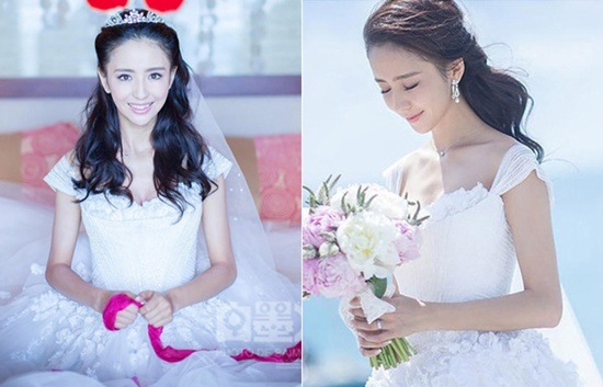 Có lẽ vì quá yêu thích chiếc váy cưới của thương hiệu cao cấp Georges Hobeika mà  Đồng Lệ Á đã quyết định diện nó cả khi chụp ảnh cưới lẫn trước lúc cử hành hôn lễ.  Những bông hoa kết nổi trên ngực và hông đã giúp làm nổi bật đường cong của cơ thể người mặc.