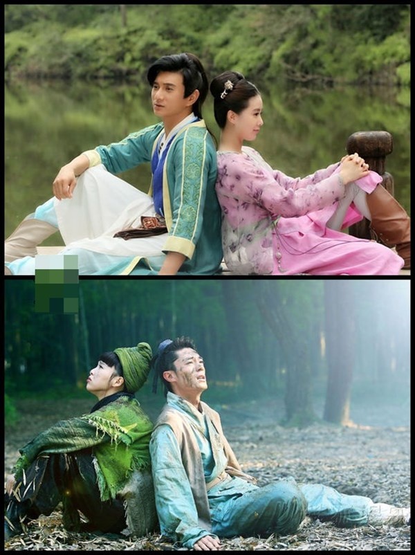 Cảnh tựa vào lưng nhau của Lộ Vân Phi (Lưu Thi Thi) - Liễu Ngạo Thiên (Ngô Kỳ Long)  trong Vi sư sắc sảo và Ngọc Kỳ Lân (Đường Yên) - Kim Nguyên Bảo (Hoắc Kiến Hoa)  trong Kim ngọc lương duyên.