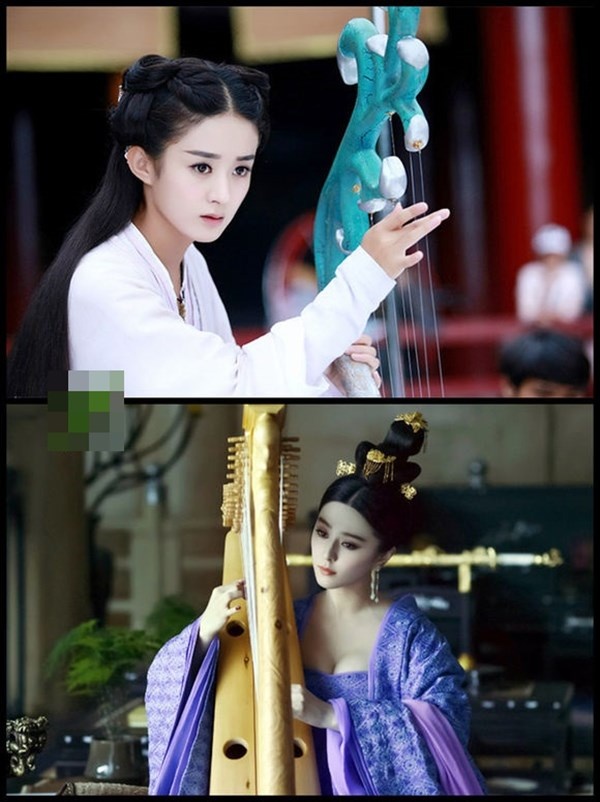 Hoa Thiên Cốt (Triệu Lệ Dĩnh) trong Hoa Thiên Cốt đọ dáng đánh đàn với Dương  Quý Phi (Phạm Băng Băng) trong Nữ nhân của vương triều.