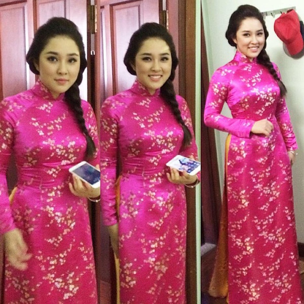 Bảo Trâm rạng rỡ trong áo dài hồng.