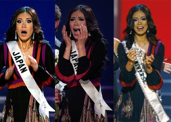 Riyo Mori giật mình hốt hoảng rồi vỡ òa cảm xúc khi đăng quang Hoa hậu Hoàn vũ 2007.