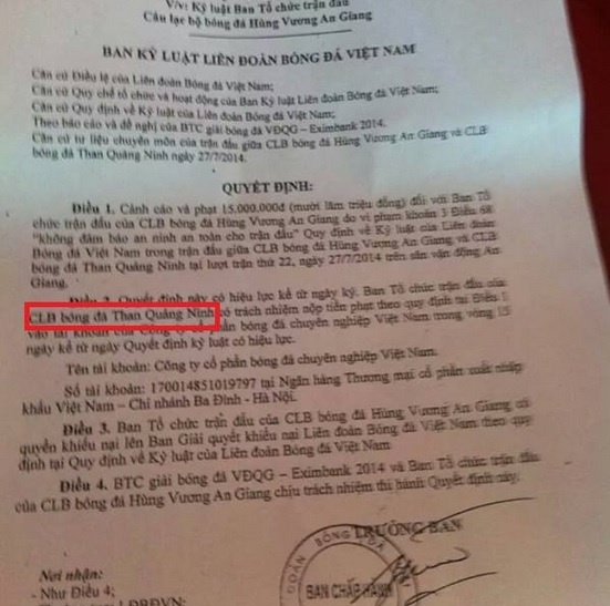 Quyết định kỷ luật của VFF đã sai sót về chủ thể phải nộp tiền phạt.