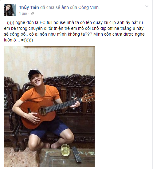 Bức ảnh Công Vinh ôm cây đàn kèm theo những lời bình dí dỏm của Thủy Tiên. Ảnh: FBNV