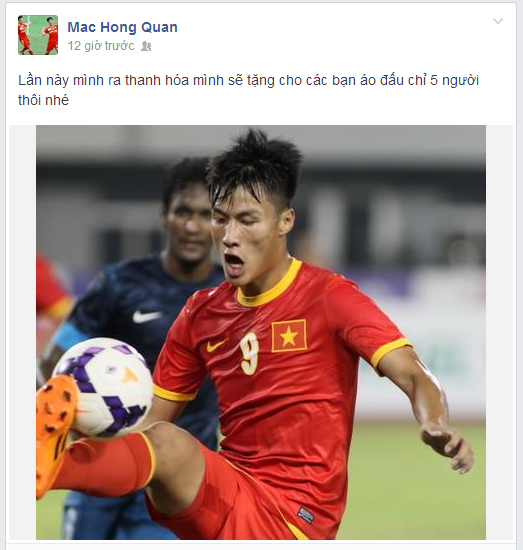Facebook giả mạo Mạc Hồng Quân tung tin đồn tặng áo đấu cho các cổ động viên.