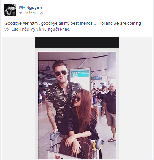 Trên trang cá nhân của mình, DJ Myno đăng lại bức hình chụp chung với ông xã Hà Lan trog chuyến du lịch gửi lời chào