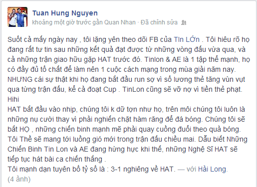 Lời thách đấu của Tuấn Hưng được đăng tải trên trang cá nhân của anh.