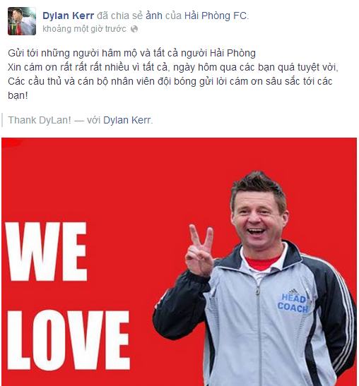 HLV Dylan Kerr gửi lời cảm ơn bằng tiếng Việt