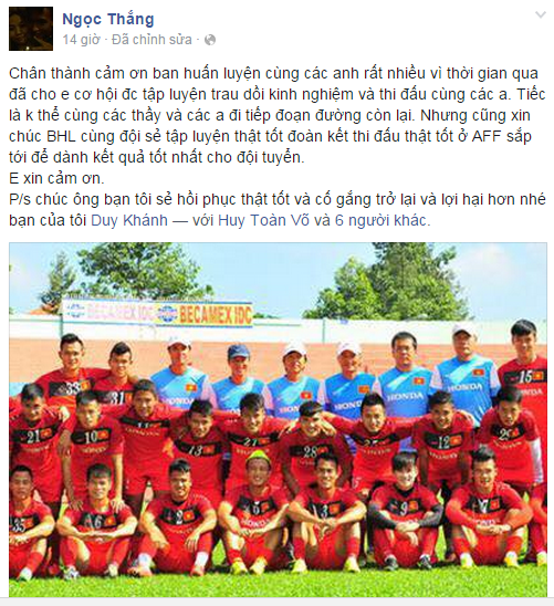 Chia sẻ của tiền vệ Ngọc Thắng trên trang cá nhân sau khi bị loại khỏi đội tuyển Việt Nam.