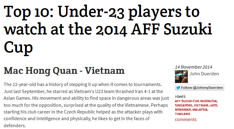 Phần đánh giá về Mạc Hồng Quân trên tạp chí FourFourTwo.