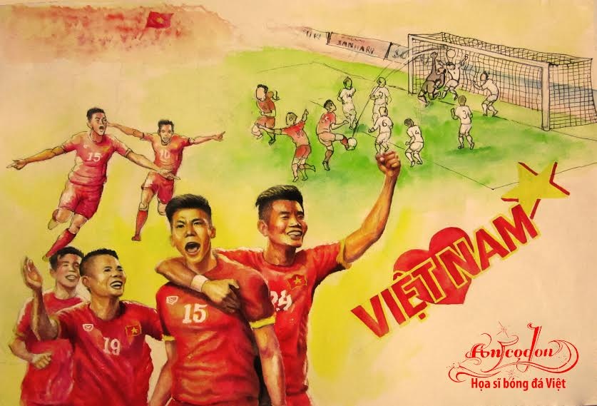 Những khoảnh khắc đẹp của đội tuyển Việt Nam tại AFF Cup 2014 lần lượt được tái hiện dưới nét vẽ của chàng họa sĩ có niềm đam mê thể thao.