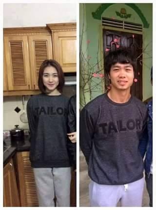 Bức ảnh Công Phượng và Hòa Minzy cùng mặc một mẫu áo được chia sẻ trên mạng xã hội.