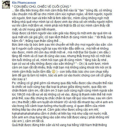 Chia sẻ trên Facebook của Văn Sơn nhận được nhiều quan tâm và chia sẻ của những fan bóng đá.