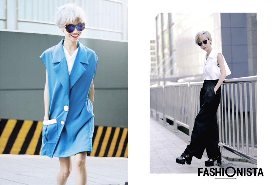 Trần Hoài Trang, cô gái 23 tuổi tự nhận mình là cô “bánh bèo mạnh mẽ” mang đến hiệu ứng thị giác mãnh liệt với mái tóc pixie bạch kim. Đi cùng cô nàng là những thiết kế tối giản với phom dáng rộng và hầm hồ như giày đế thôi. Không cần phô diễn đường cong hay diện trang phục ôm sát, Hoài Trang vẫn dễ dàng tôn lên cá tính cảu mình thông qua cách kết hợp trang phục phù hợp với vóc dáng của mình.