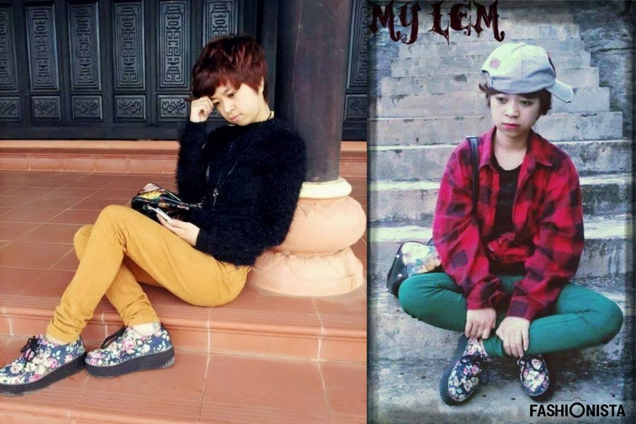 My Lem, cô gái Quảng Trị 22 tuổi lại chọn những sắc màu nổi cho trào lưu tomboy mình theo đuổi. Skinny jeans nhiều màu, giày đế thô cùng túi xách hoa văn bắt mắt giúp phong cách tomboy của cô nàng trở nên mềm mại, ngọt ngào và dễ ứng dụng hơn bao giờ hết.