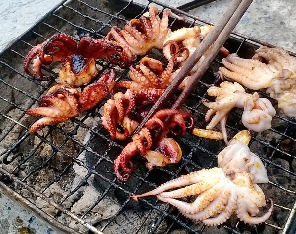 Bạch tuộc nướng Một trong những lựa chọn không thể bỏ qua của các tín đồ món nướng Sài Gòn là bạch tuộc nướng. Đến từ xứ biển, bạch tuộc nướng với vị thơm giòn sừn sựt, đậm vị biển nhanh chóng có được chỗ đứng trong làng nướng Sài Gòn.  Mặc dù đã áo qua một lớp nước ướp đậm đà, thơm cay nhưng người ăn vẫn có thể dễ dàng đánh giá độ ngon của mỗi quán bạch tuộc tướng dựa trên độ tươi của bạch tuộc. Sau khi nướng, bạch tuộc sẽ được cắt ra đĩa, ăn kèm rau răm, dưa leo và chén nước chấm được pha chế đặc biệt theo công thức của mỗi quán hay chỉ đơn giản là chấm cùng muối tiêu chanh.  Ngoài khu ăn uống Phan Xích Long-Vạn Kiếp, bạn cũng có thể thưởng món này tại khu ăn vặt đường An Dương Vương, Q.5; quán bạch tuộc nướng ở Lô B chung cư Nguyễn Thiện Thuật, khu ăn uống đoạn ngã ba Tân Kỳ Tân Quý-Lê Trọng Tấn, Q.Tân Bình...