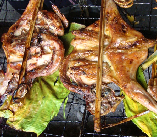 Gà nuớng Những miếng gà nướng mềm thịt, ướp vừa vị, giá rẻ trên vỉ than nóng hôi hổi cũng là món ngon được nhiều người yêu thích.  Gà nướng sẽ được nướng nguyên con cho chín vàng giòn lớp da, tươm mỡ thơm nức bên ngoài và chín đều từng sớ bên trong, sau đó được chặt miếng vừa ăn và bày lên khoản đãi những vị khách của mình. Nếu muốn tận hưởng cảm giác “chiến đấu” với gà nướng, bạn có thể yêu cầu để nguyên con và từ từ nhâm nhi.