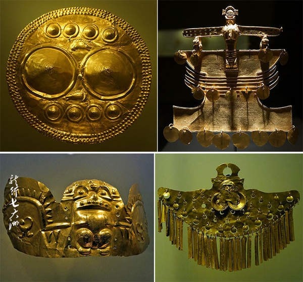 Có tổng cộng 50.000 món đồ bằng vàng được cất giữ nơi đây. Đây đều là những cổ vật nghệ thuật mang những tinh thần văn hóa khác nhau của Colombia, chúng đều có từ trước khi người Tây Ban Nha xuất hiện. Tên của các phòng triển lãm được đặt theo những tinh thần văn hóa khác nhau đó: Calima, Quimbaya, Muisca, Zenu, Tierradentro, San Augustín, Tolima, Tayrona, Uraba, và một phòng đặc biệt tên là Columbus. 