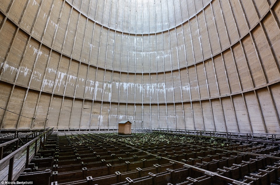 Nhà kho bằng gỗ nhỏ đứng trơ chọi một mình giữa trung tâm hình trụ đã bỏ hoang.