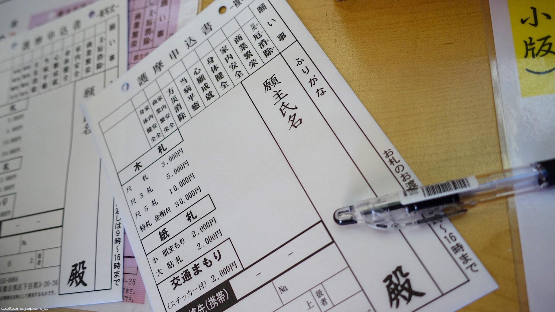 Để xin bùa hộ mệnh cho năm mới cần phải điền vào một tờ thông tin. Thường người Nhật hay xin bùa hộ mệnh để ở nơi làm việc ở nhà và mang theo người. Nội dung mong được hộ mệnh có thể chọn trong số những điều mà tờ thông tin có sẵn (tai qua nạn khỏi làm ăn phát đạt, cả nhà bình an, sức khỏe dồi dào, … và xin cho những điều cầu nguyền sẽ  thành hiện thực).