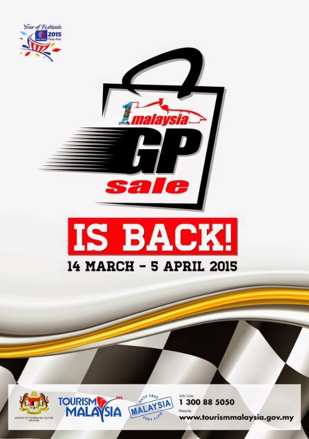 2. Lễ hội Mua sắm Giảm giá 1Malaysia GP Sale. Được tổ chức cùng với Giải đua xe Thể thức 1 Petronas Malaysia Grand Prix hàng năm, du khách có thể cảm nhận không khí mua sắm 1Malaysia GP Sale rõ rệt nhất tại Klang Valley, tại đây các trung tâm mua sắm và khu thương mại thường tổ chức các chương trình khuyến mãi hấp dẫn. Khách du lịch đến thưởng thức các cuộc đua F1 có thể đến sớm một chút hoặc ở lại sau cuộc đua cho để nhận được những ưu đãi mua sắm này. Thời gian: 03/2015 trên toàn quốc.