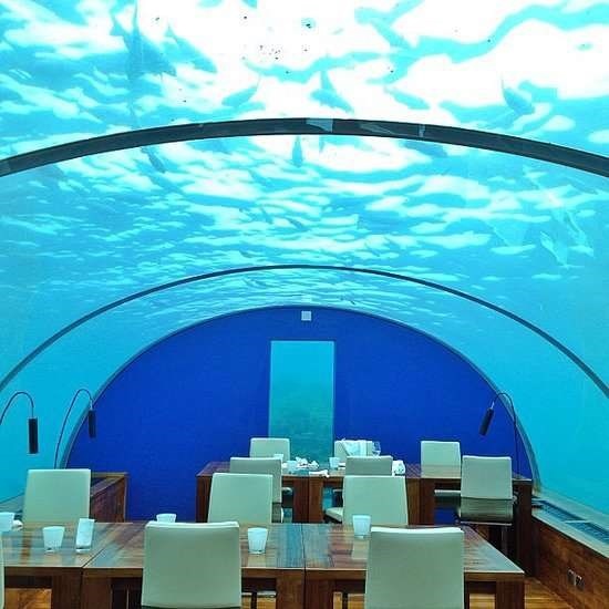 Ăn trong khách sạn dưới nước ở Maldives. Ảnh: Popsugar.
