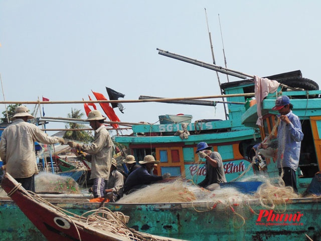 Ngư dân đưa hải sản về cảng sau chuyến đi đánh bắt. Ông Năm, một ngư dân cho biết: “Chúng tôi ra khơi từ tám giờ tối hôm trước và tới hai giờ chiều hôm sau thì về. Hầu hết, chúng tôi đánh bắt ở biển Tiền Giang và biển Vũng Tàu.”