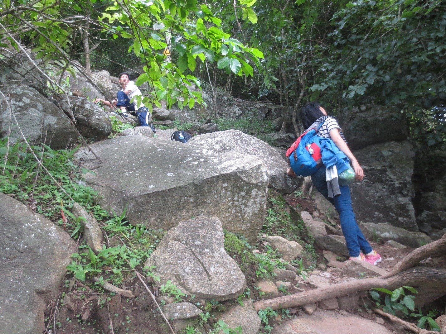 Đoàn chúng tôi xuất phát từ chùa Bà lúc 1h30, vào thời tiết nhẹ hơn cái nóng gắt của Sài Gòn. Và trời bắt đầu chuyển mưa. Chuyến đi khá vất vả vì có “bà già bò núi” như tôi, càng lên cao, độ dốc càng lớn, và đôi khi có sạc lở đá. 